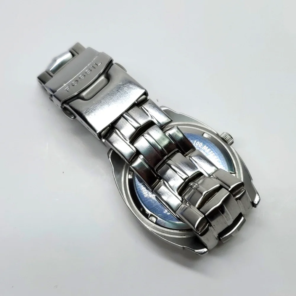Fossil Blue Watch B9152 Silver Steel Wristband Red Face Chronograph Wat…